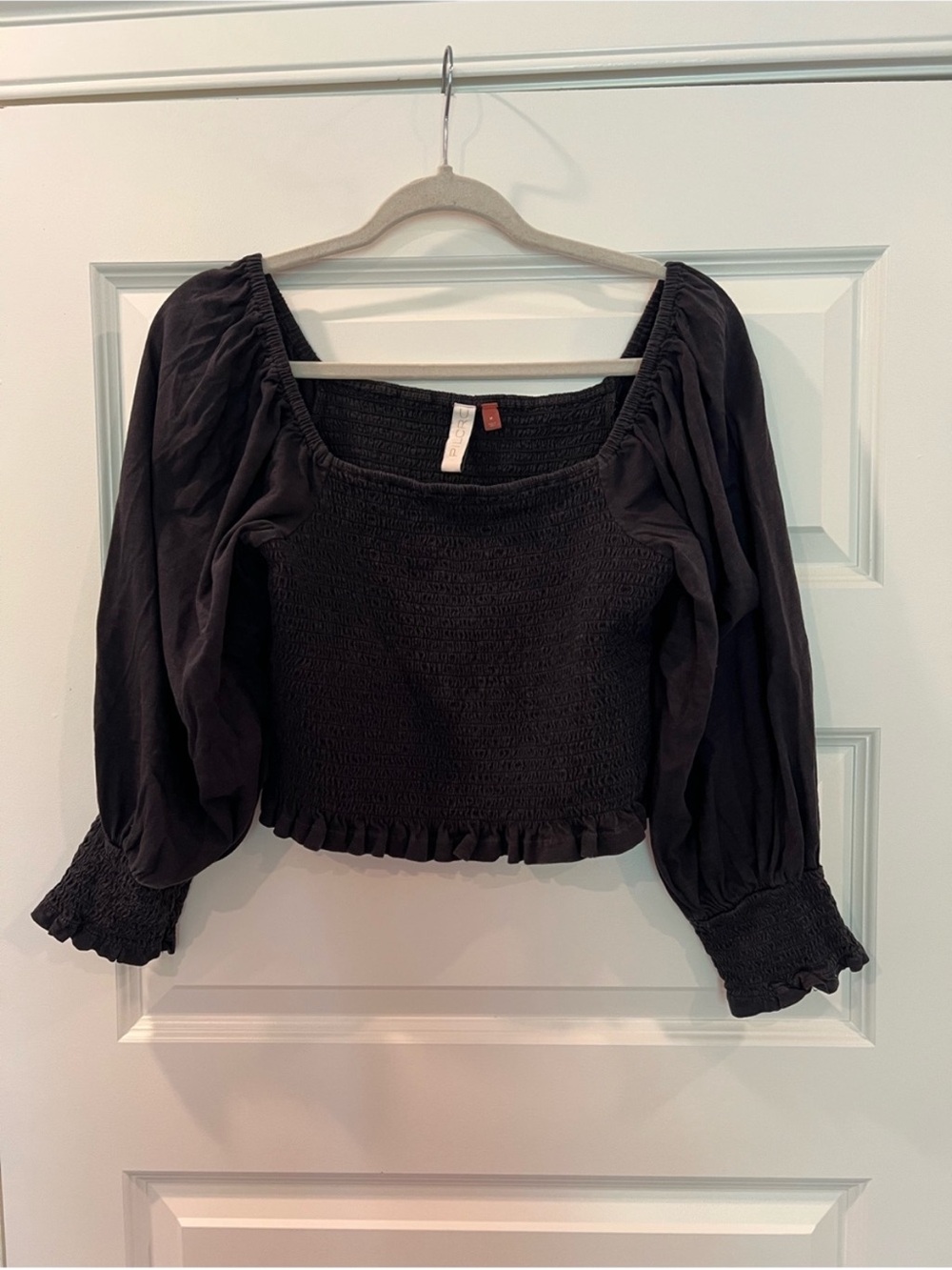 Pilcro Anthropologie Black Smocked Puff Sleeve Cotton Crop Top Square Neck M - Picture 12 of 13